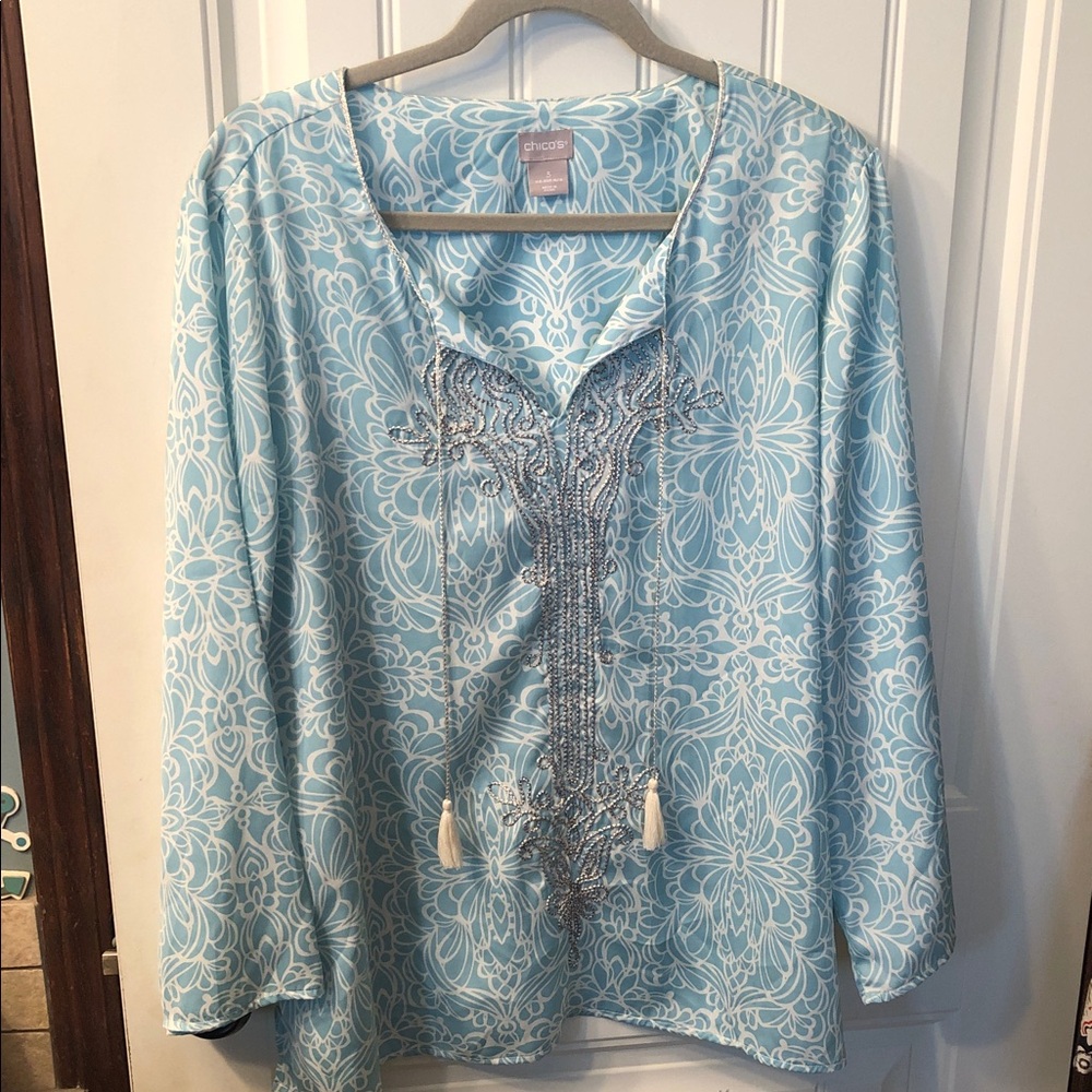 Chico's Sky Blue & White Embroidered Tunic Top (as-is)